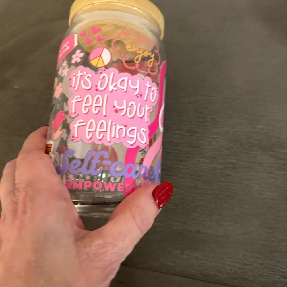 Mental Health Glass Tumbler with lid and straw, Pink Iced Coffee Cup,